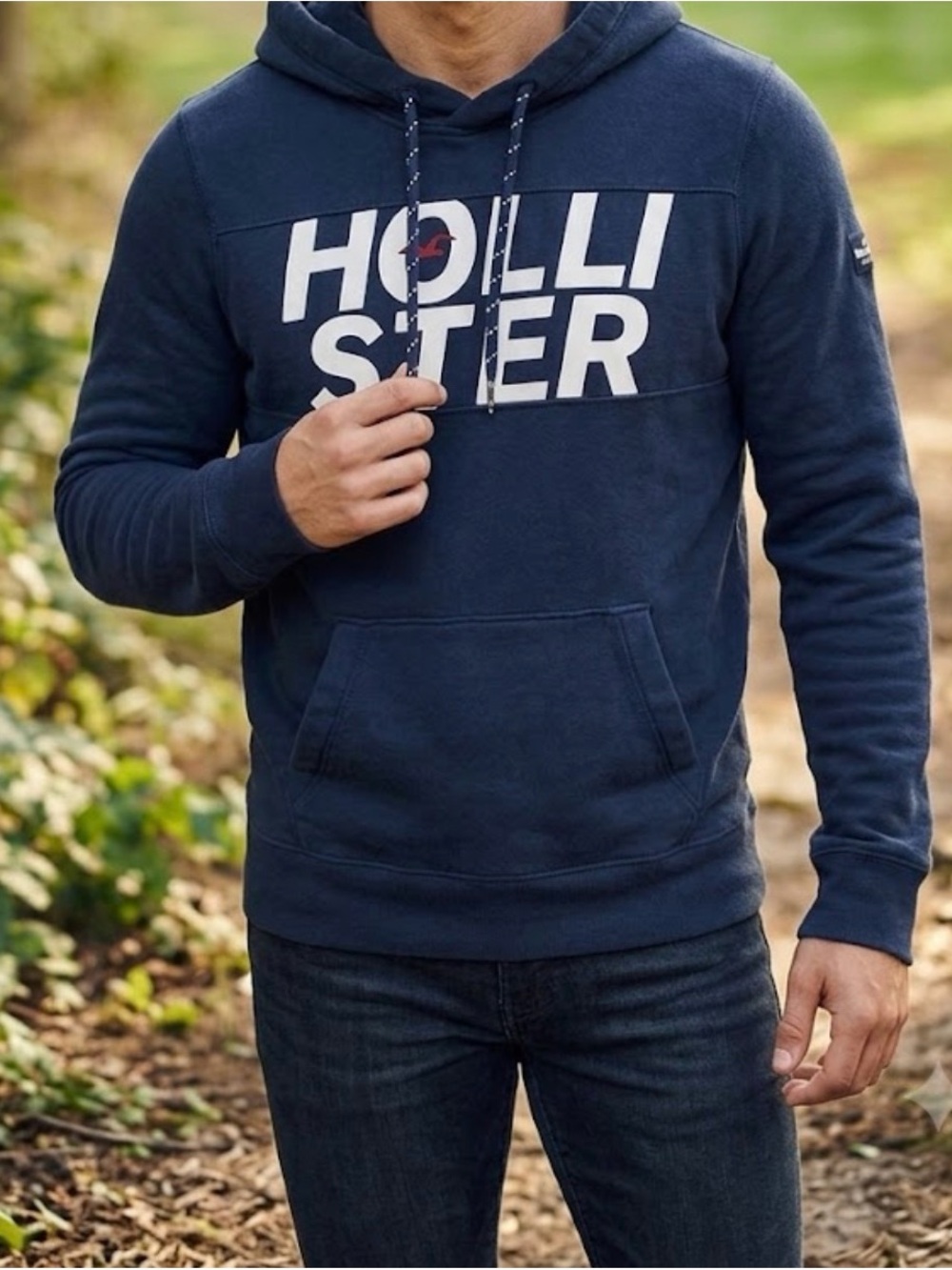 Hollister Navy Pullover Hoodie with White Logo